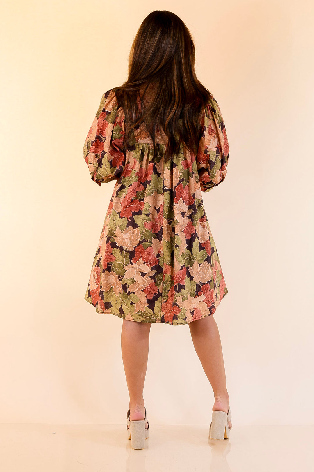 Endless Possibilities Floral Babydoll Dress with Puff Sleeves in Beige, Navy and Rust