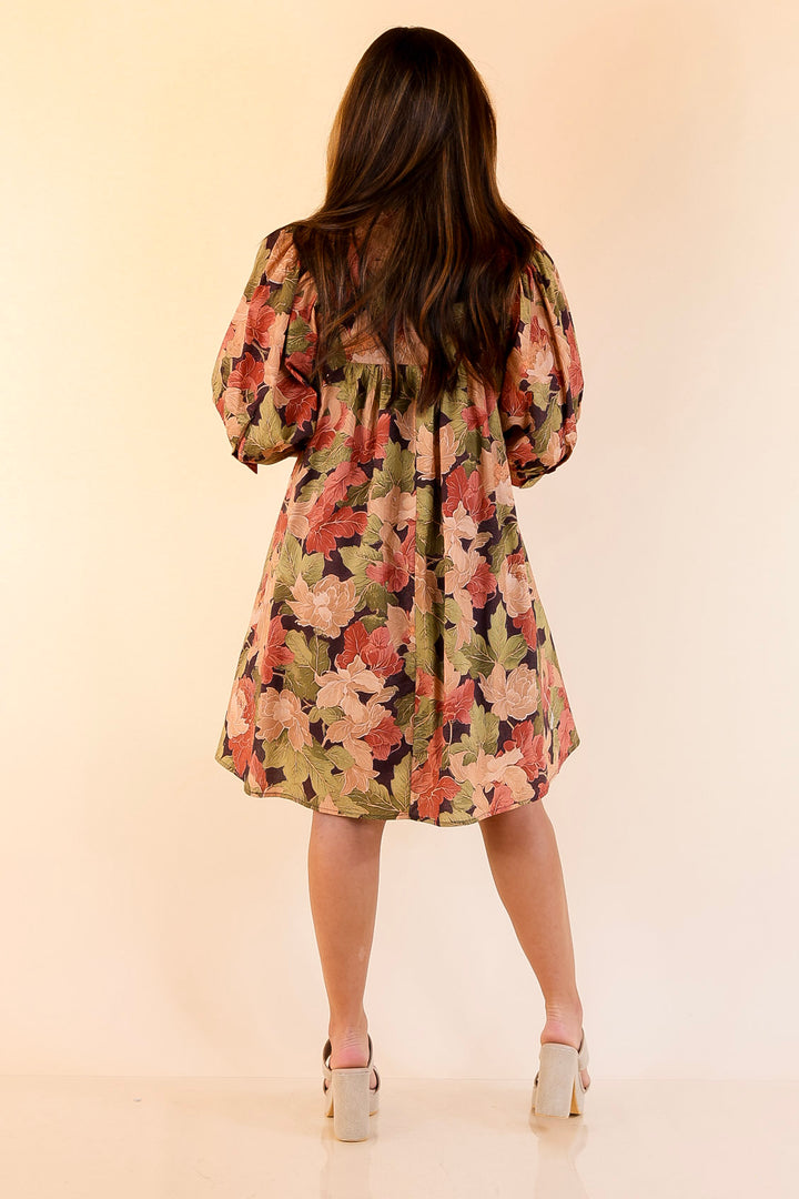 Endless Possibilities Floral Babydoll Dress with Puff Sleeves in Beige, Navy and Rust