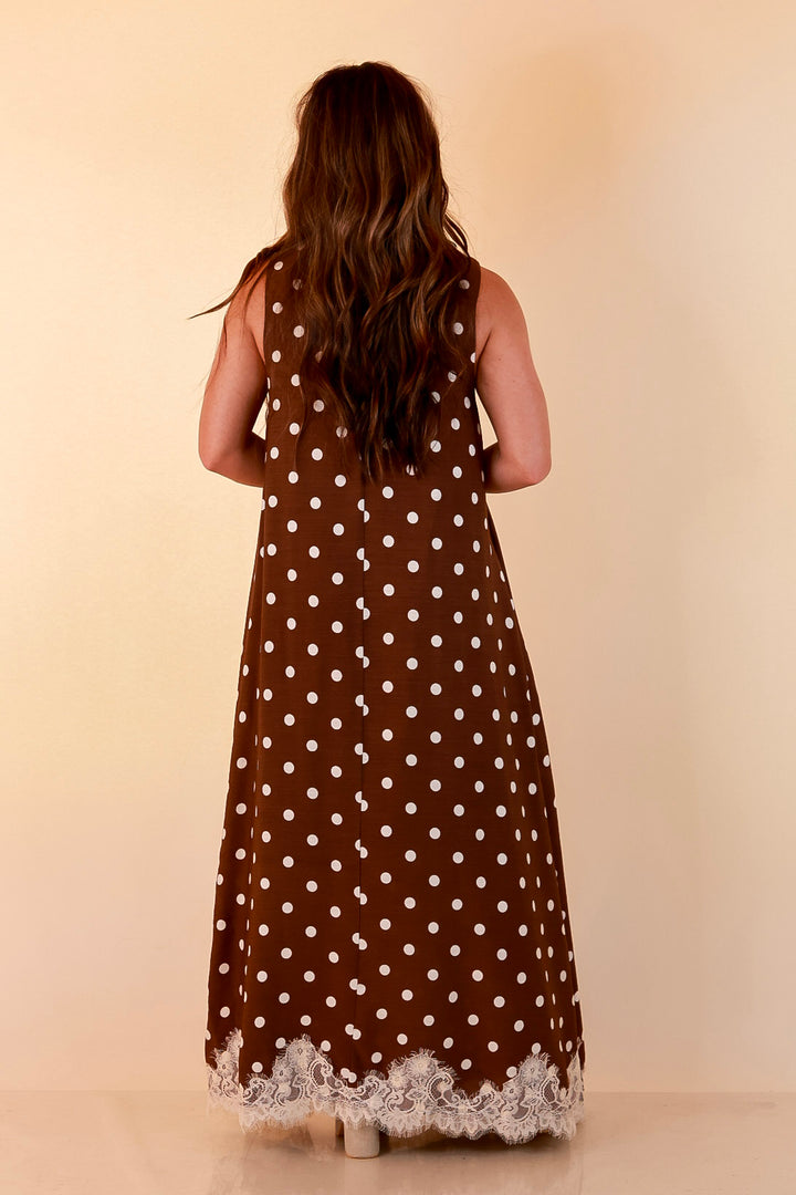 Sweet Little Something Polka Dot Sleeveless Maxi Dress with Lace Trim in Chocolate Brown