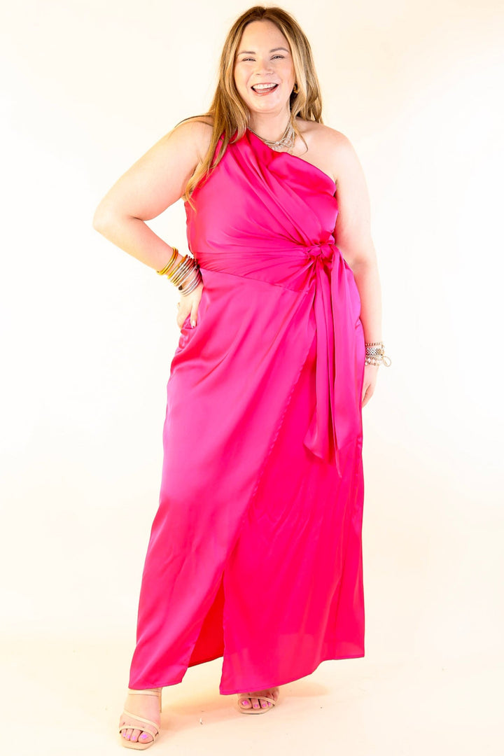 Luxury Glam One Shoulder Slit Dress in Fuschia Pink