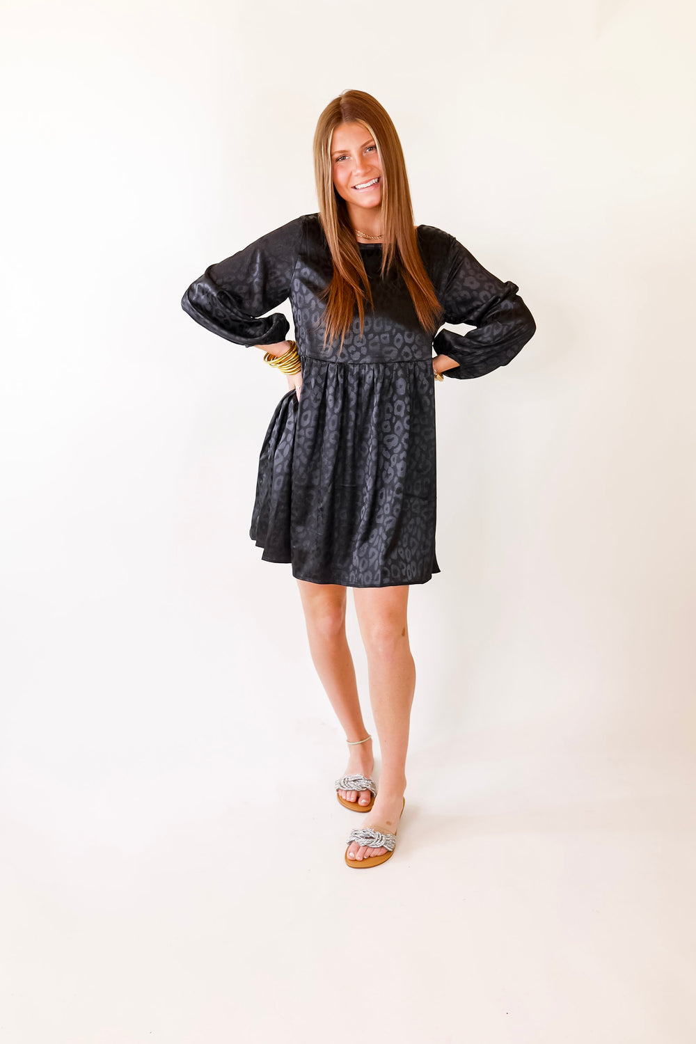 Change Is Coming Leopard Print Babydoll Dress with Long Sleeves in Black - Giddy Up Glamour Boutique