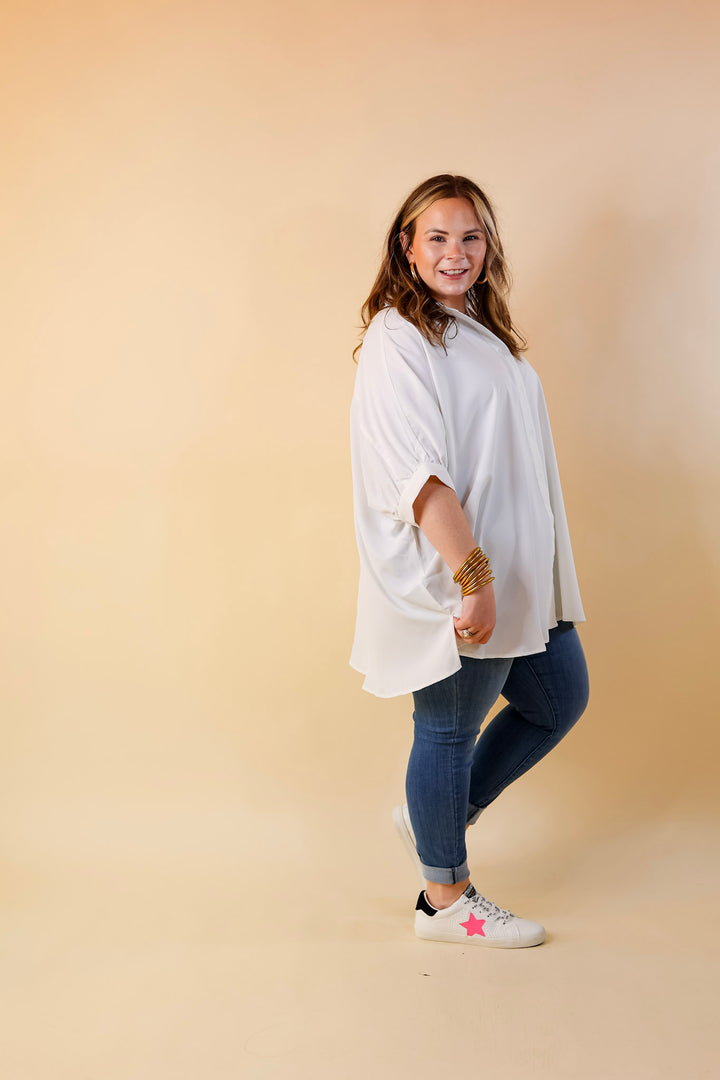 City Lifestyle Button Up Half Sleeve Poncho Top in Off White - Giddy Up Glamour Boutique