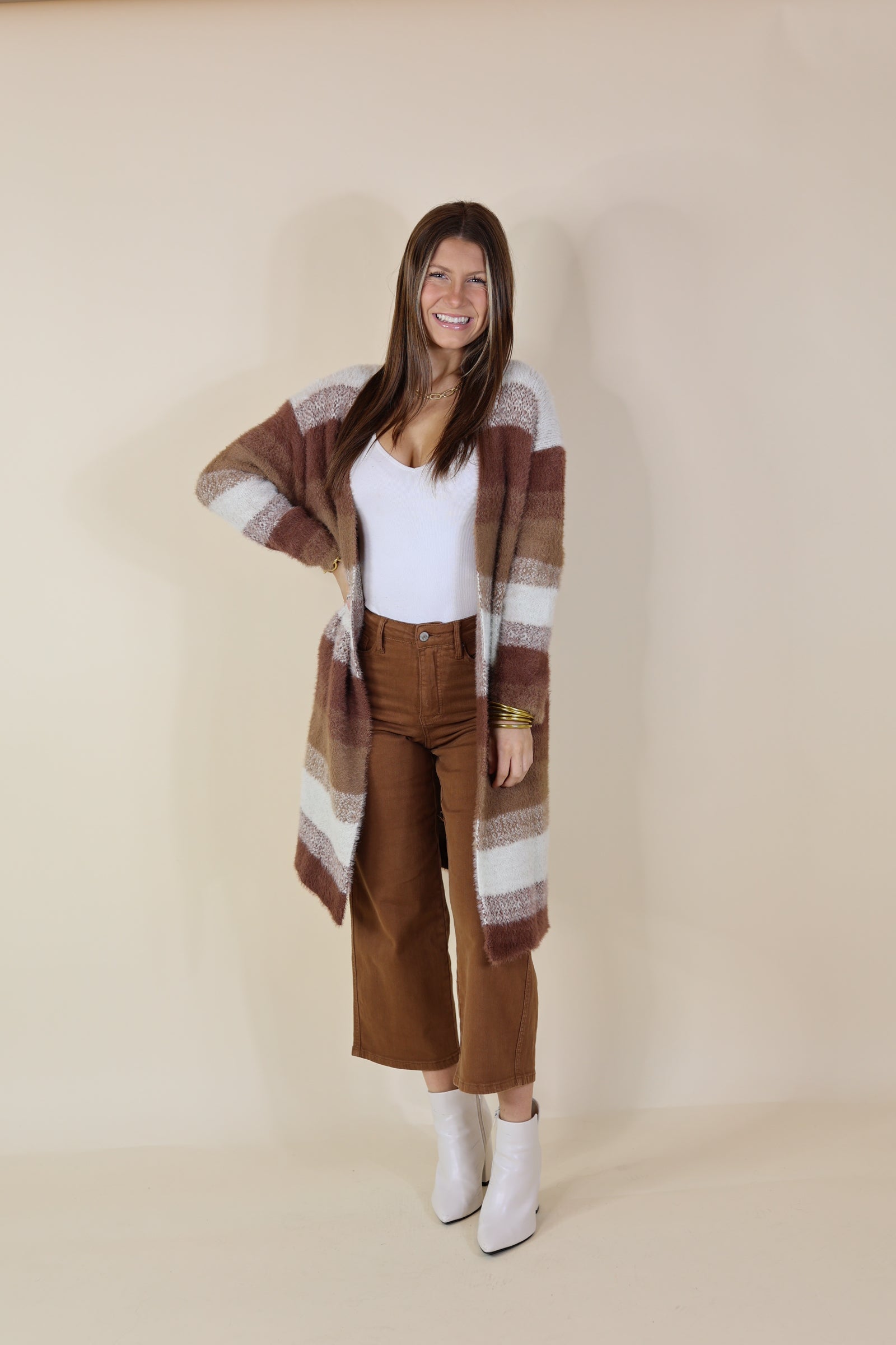 Lost in Layers Striped Eyelash Cardigan in Rust Mix