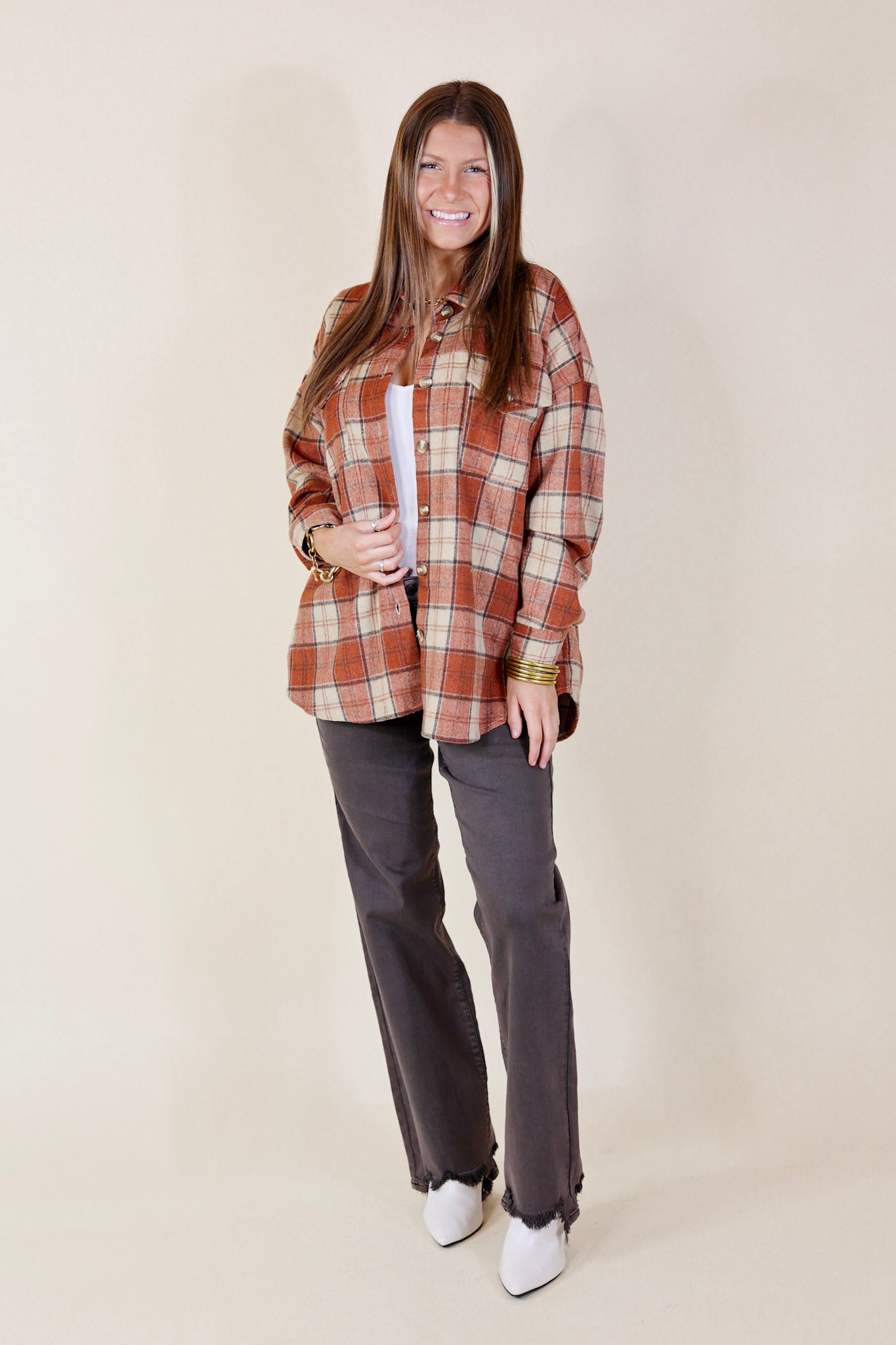 Kindness Everywhere Button Up Plaid Shacket in Burnt Orange