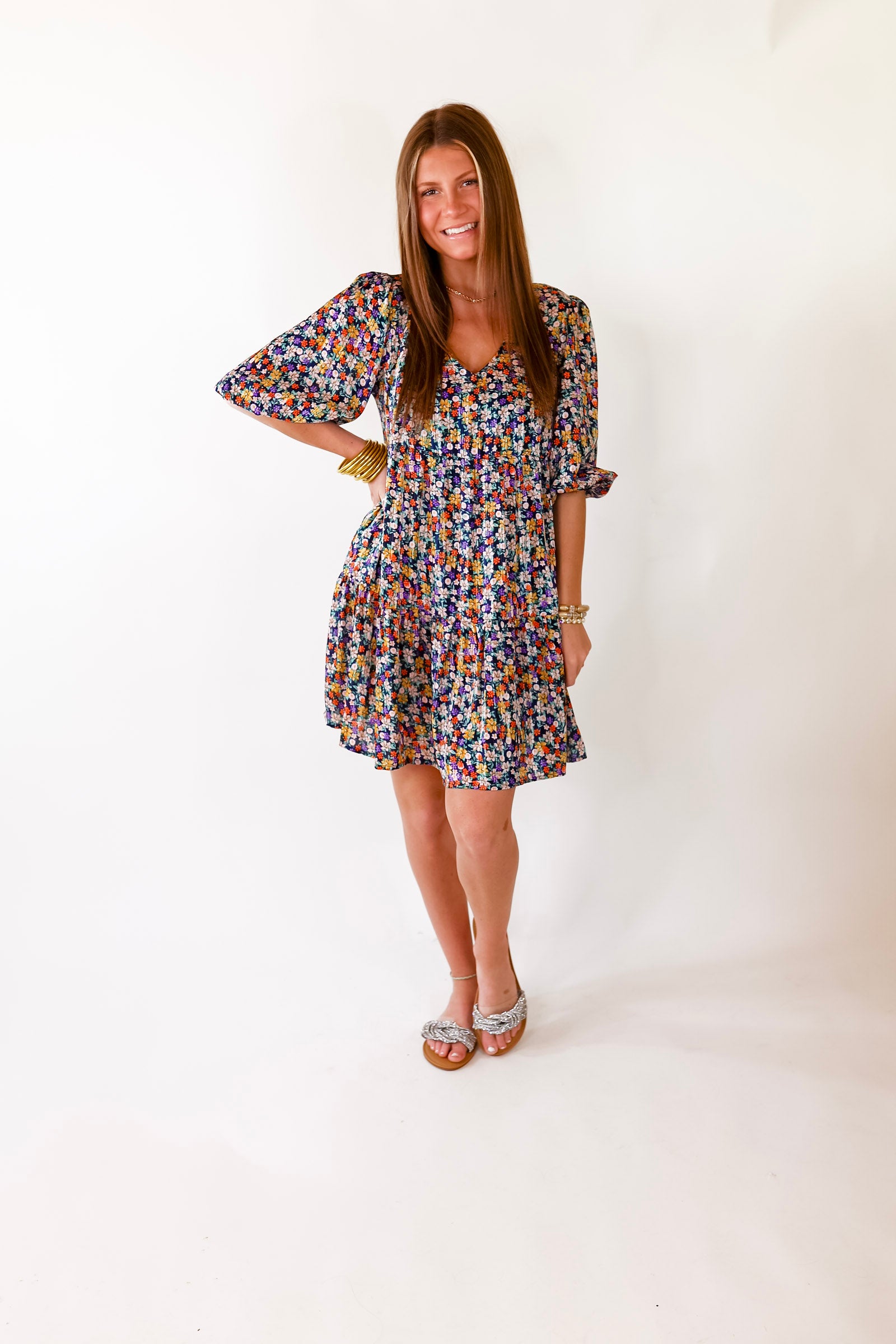 Pretty Personality Tiered Floral Dress in Navy Blue - Giddy Up Glamour Boutique
