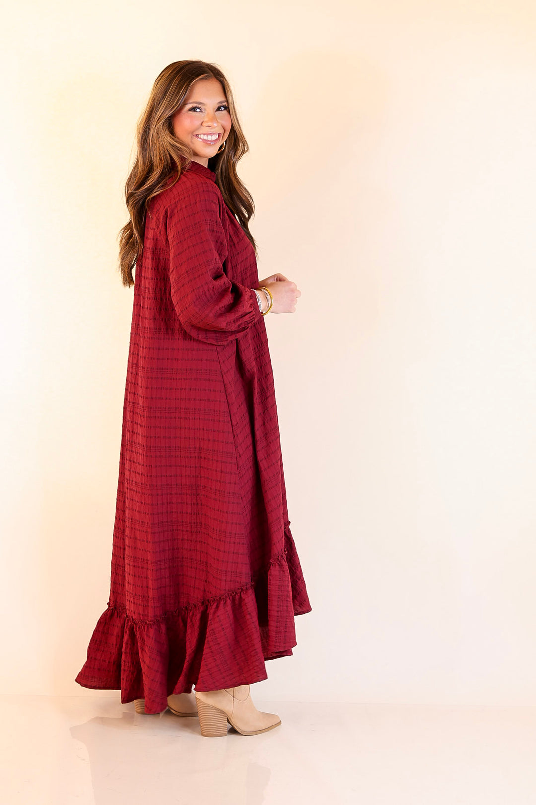 Easy to Please Button Up Ruffle Hem Midi Dress in Maroon Plaid