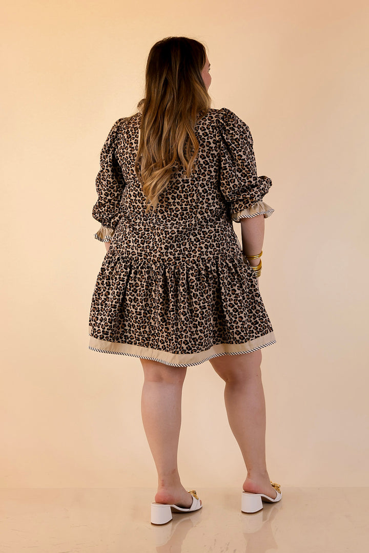 Fierce Intentions 3/4 Sleeve Leopard Print Babydoll Dress with Ruffle Detailing in Taupe