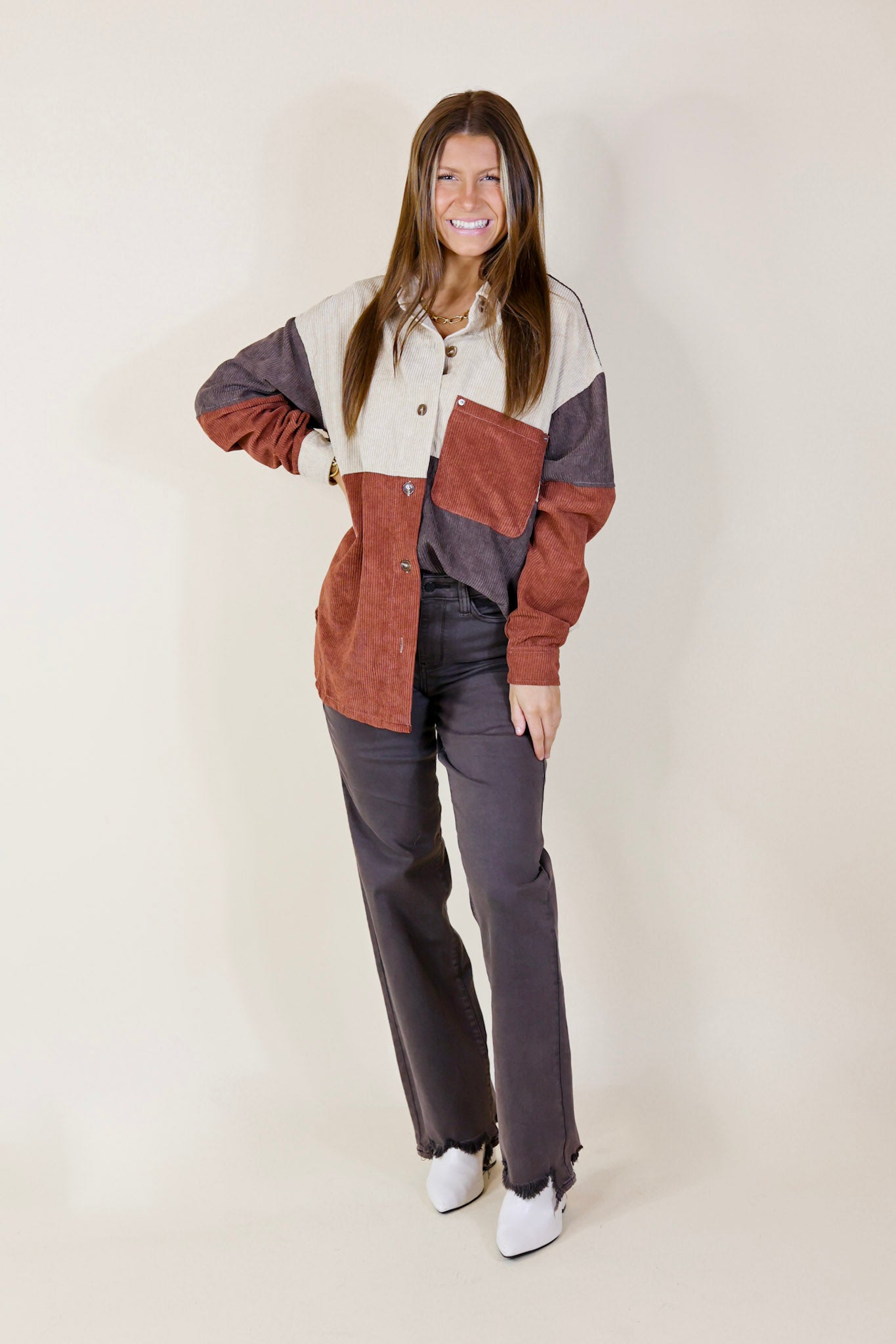 Casual Cuddles Color Block Corduroy Shacket in Brown Mix
