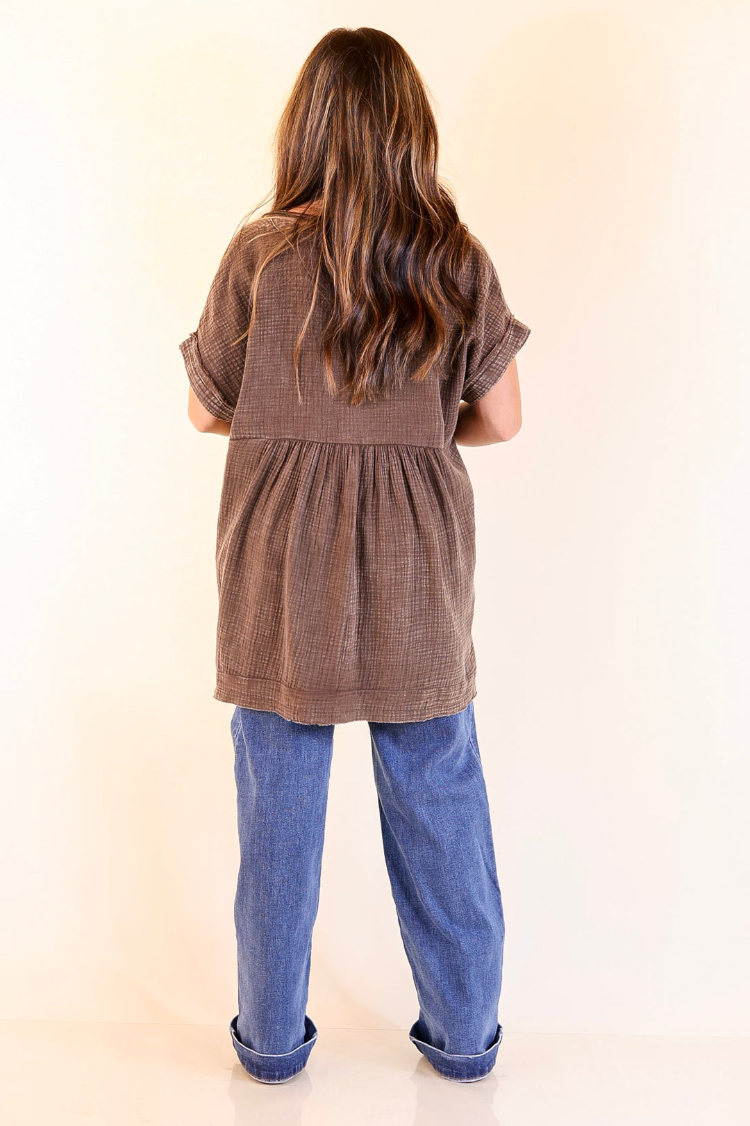 Simple Statement Quarter Button Up Short Drop Sleeve Shirt in Brown
