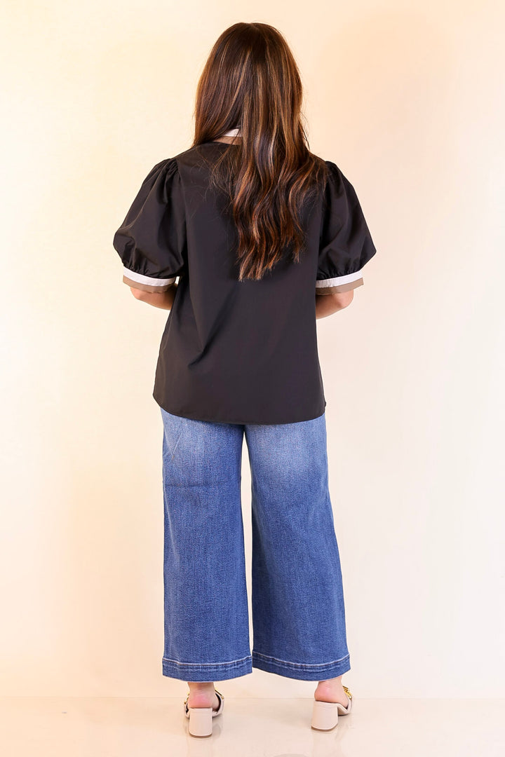 Standout Style V Neck Top with Short Balloon Sleeves and Natural Color Trim in Black