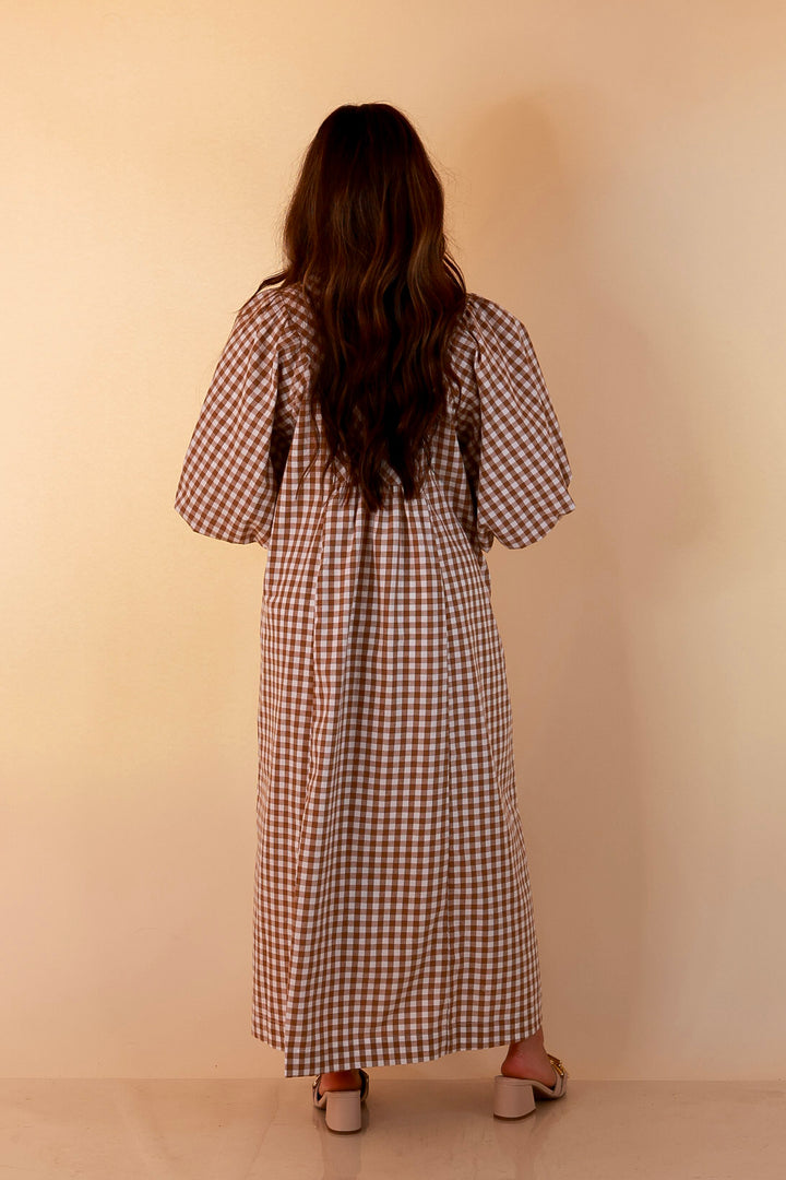 All Eyes on You Smocked Yoke Puff Sleeve Gingham Print Maxi Dress in Camel Brown and Ivory