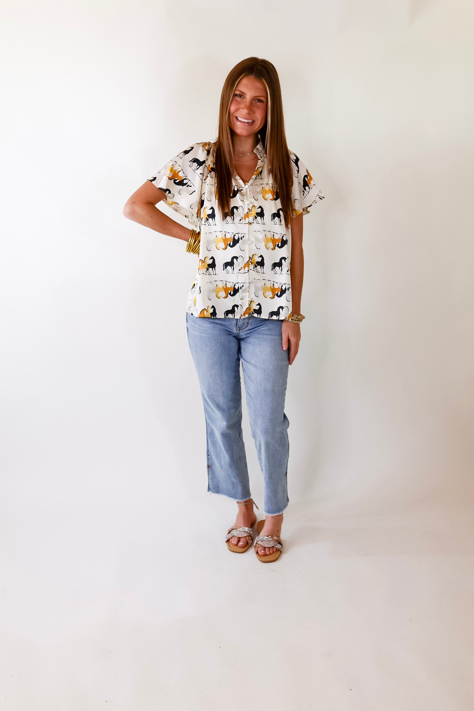 Away We Go Button Up Horse Print Shirt in Ivory - Giddy Up Glamour Boutique