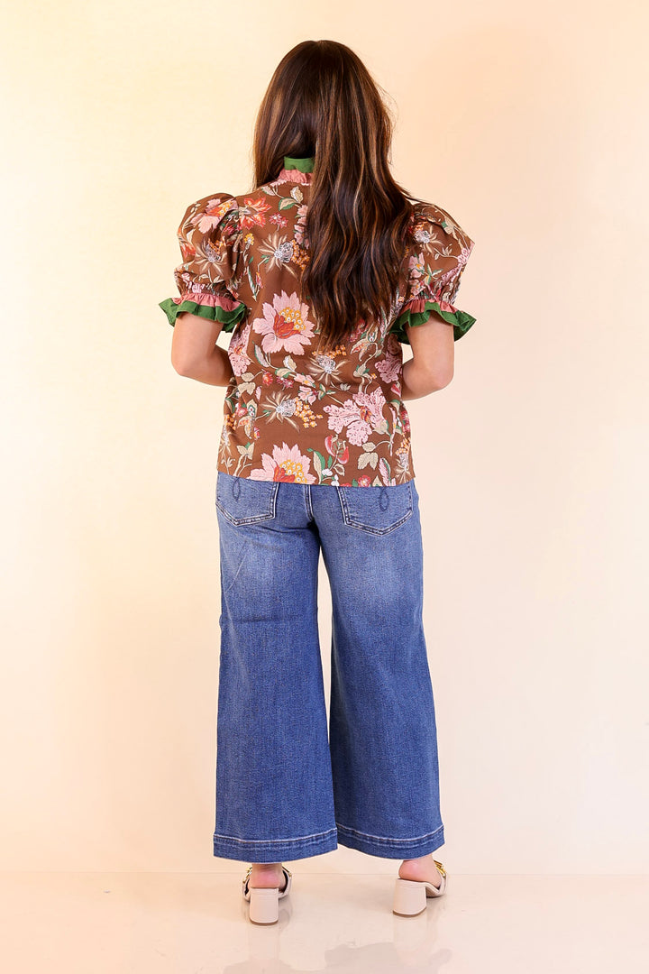 Endless Elegance Ruffled V Neck Floral Print Top in Brown, Mauve and Green