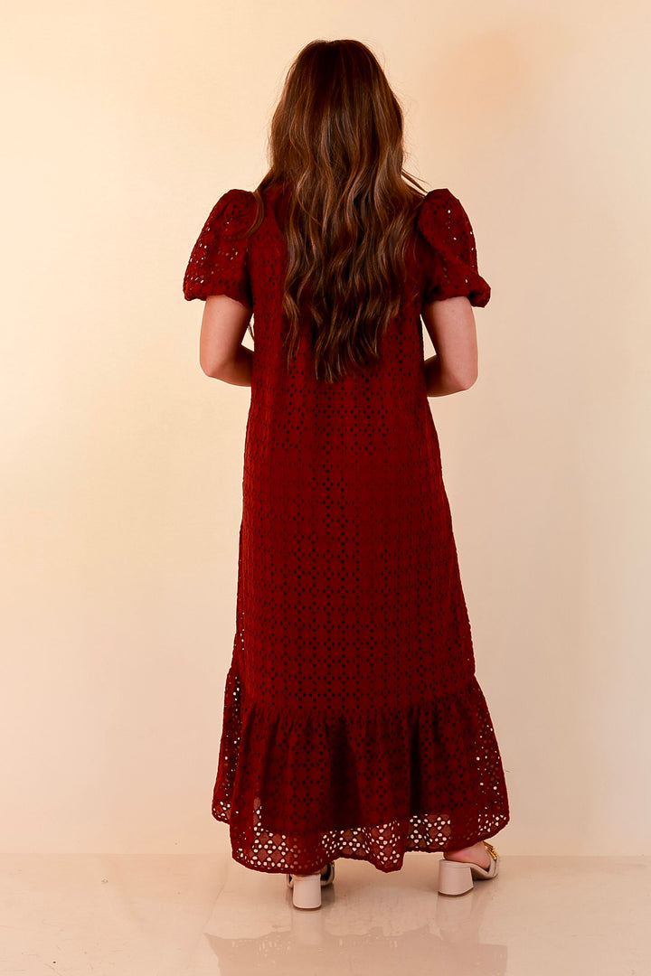 Meet Me at Sunset Eyelet Lace Puff Sleeve Tiered Maxi Dress in Maroon