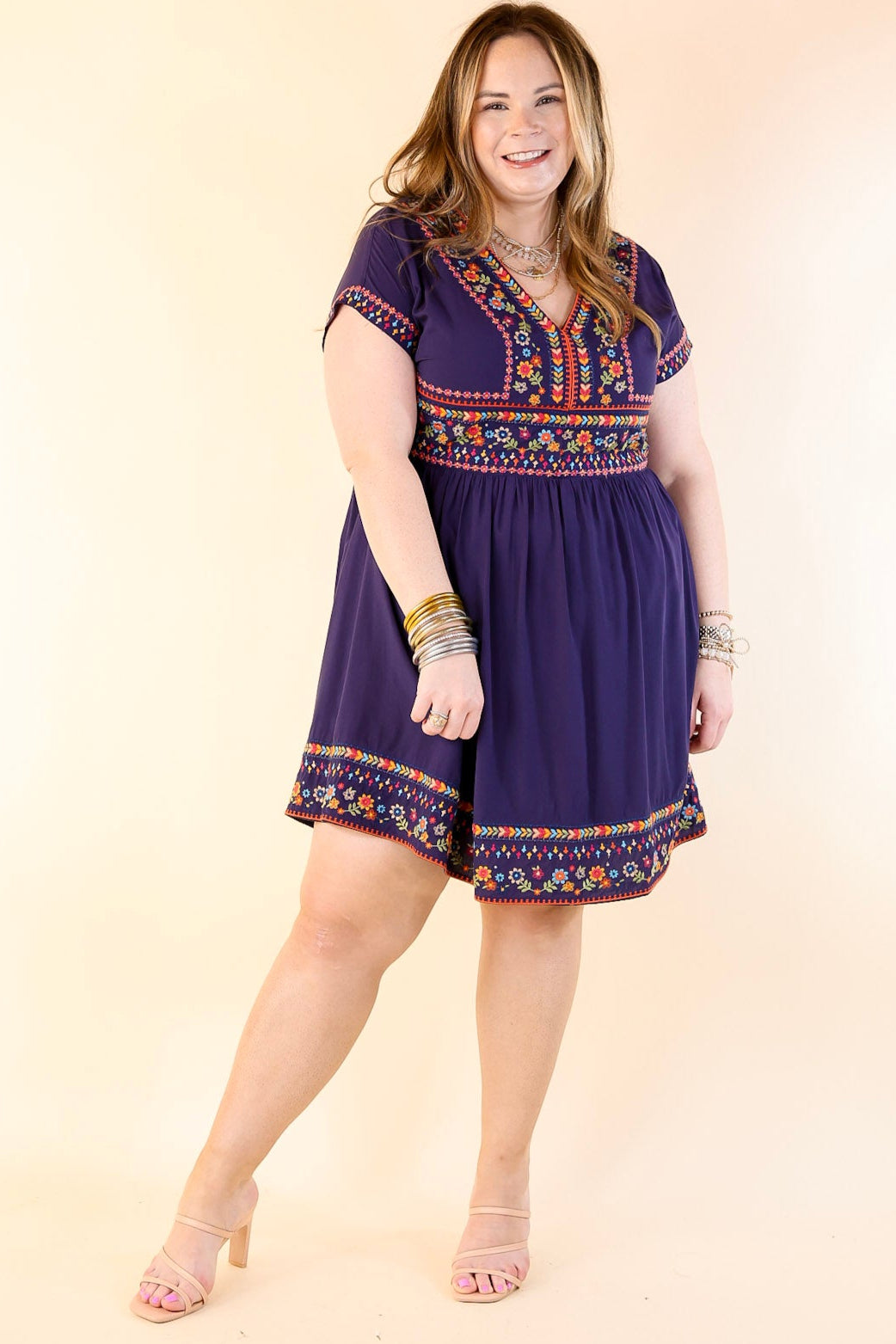 Passing Through V Neck Embroidered Dress with Short Sleeves in Navy Blue