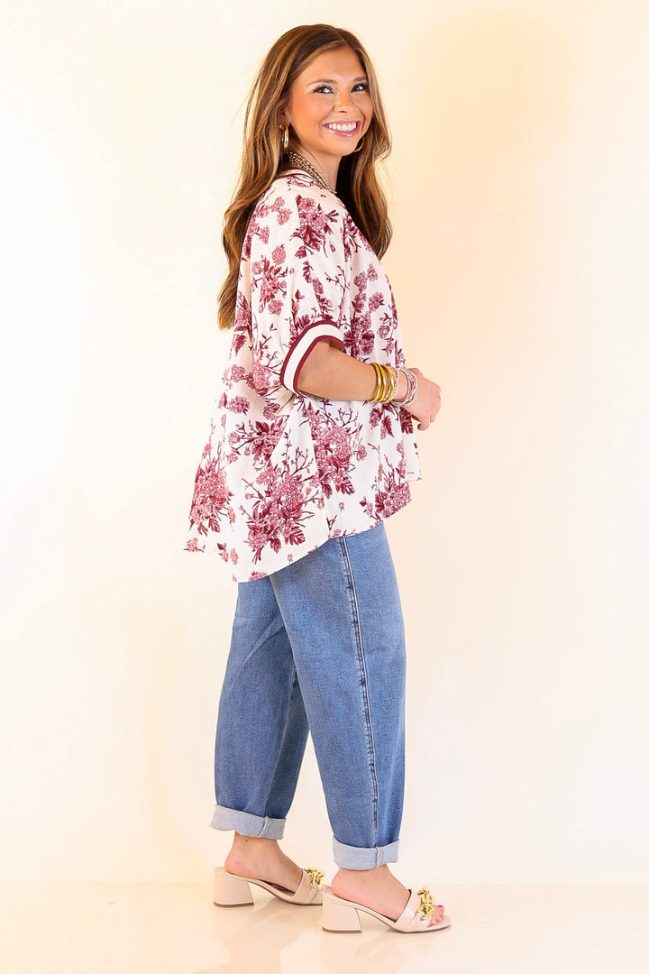 Chic Rewind V Neck Placket Floral French Toile Short Sleeve Top in Maroon and Ivory