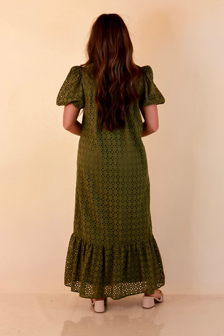 Meet Me at Sunset Eyelet Lace Puff Sleeve Tiered Maxi Dress in Olive Green