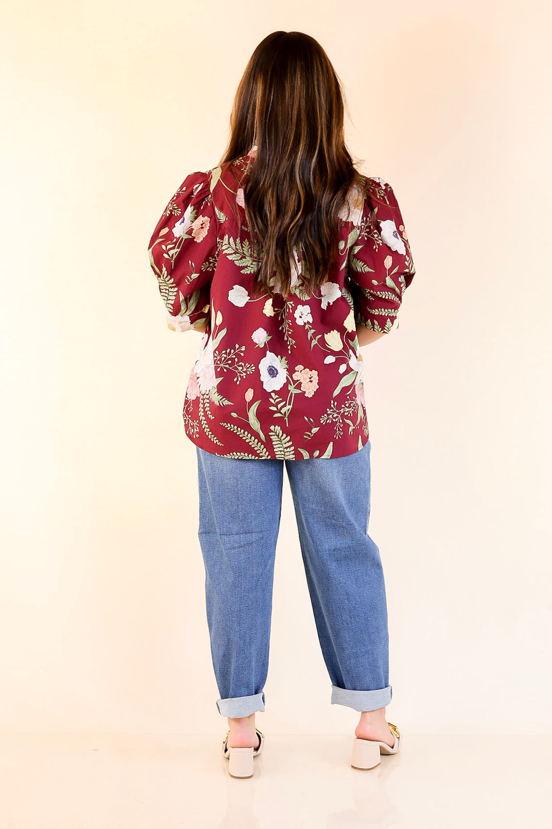 First Glance Button Up Puff Sleeve Floral Print Top in Maroon