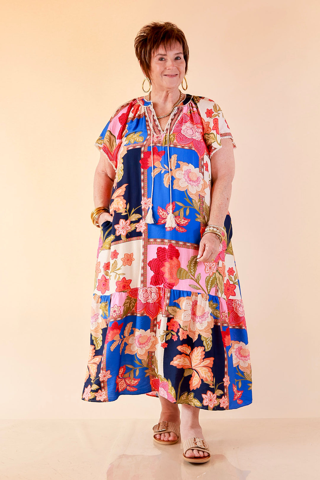 Patchwork Poise Floral Patchwork Print Midi Dress with Tassel Tie Neckline and Flutter Sleeves in Blue Mix