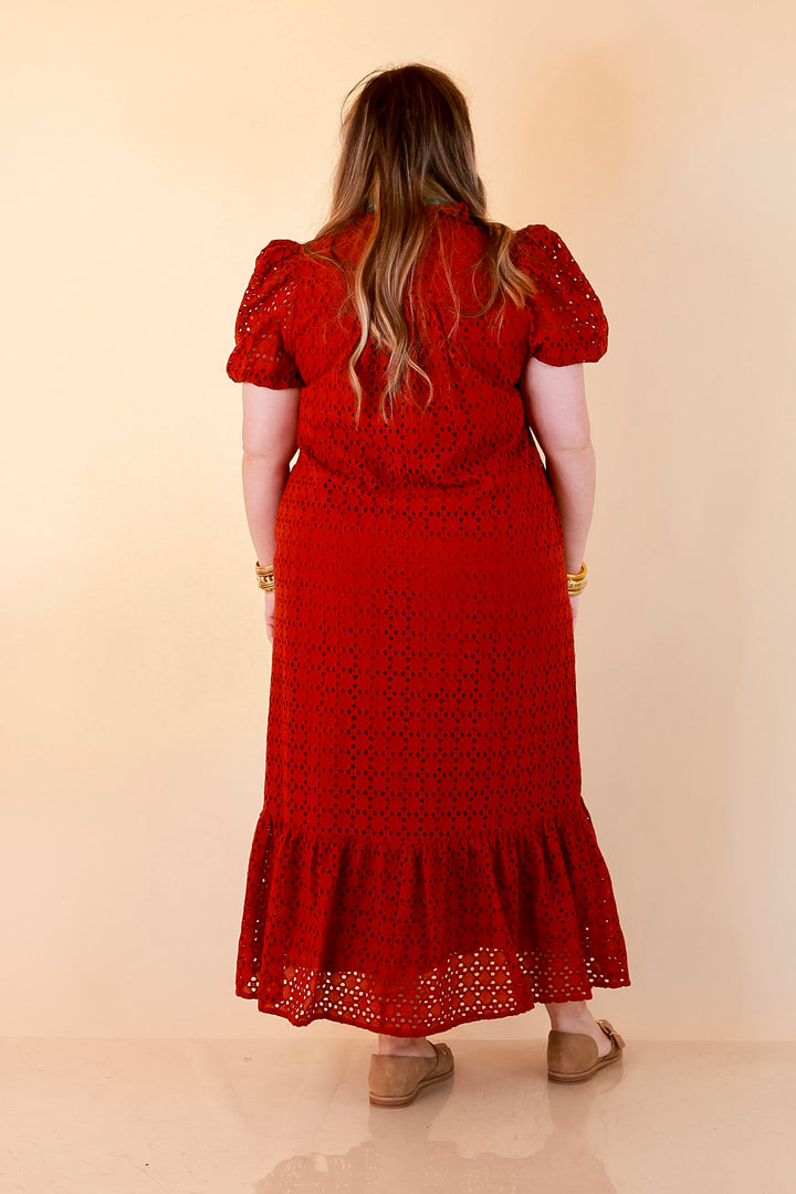 Meet Me at Sunset Eyelet Lace Puff Sleeve Tiered Maxi Dress in Rust Red