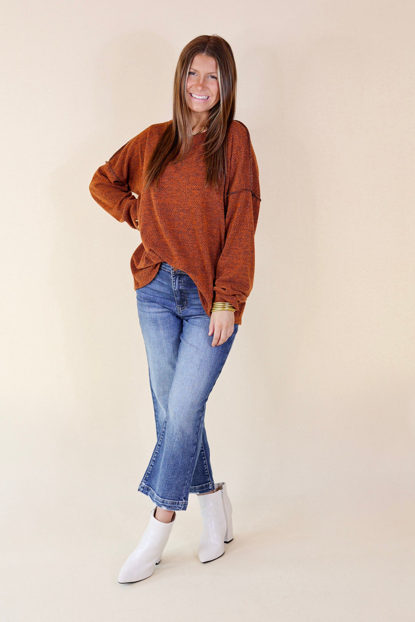 Fall Festival Long Sleeve Knit Top in Rust Orange - Giddy Up Glamour Boutique