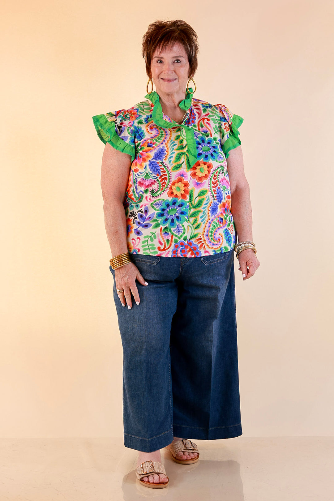 Flourish and Flow Paisley Floral Print Ruffle Flutter Sleeve Top with Split Neckline in Cream
