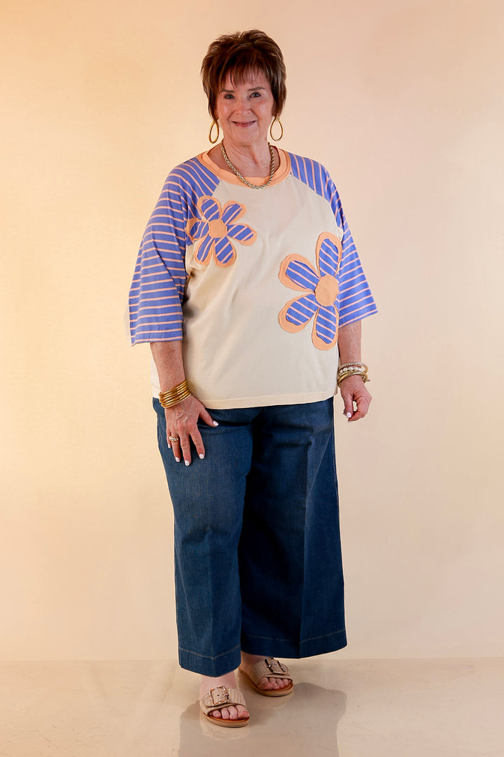 Bloom in Color Floral and Stripe Print Relaxed Short Sleeve Top with Contrast Sleeves in Cream