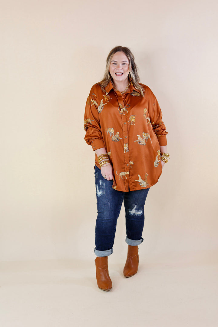 Tell Me Something Good Cheetah Print Long Sleeve Button Up Top in Camel Brown - Giddy Up Glamour Boutique