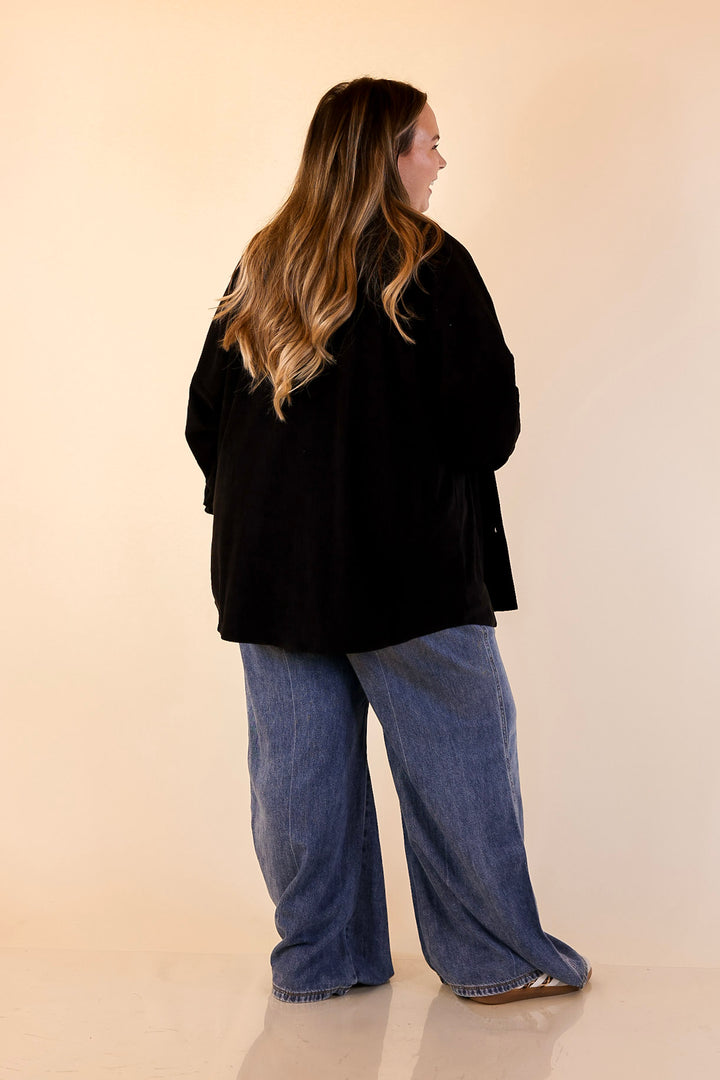 Plus Sizes | Captivating Cuteness Corduroy Button Up Shacket in Black
