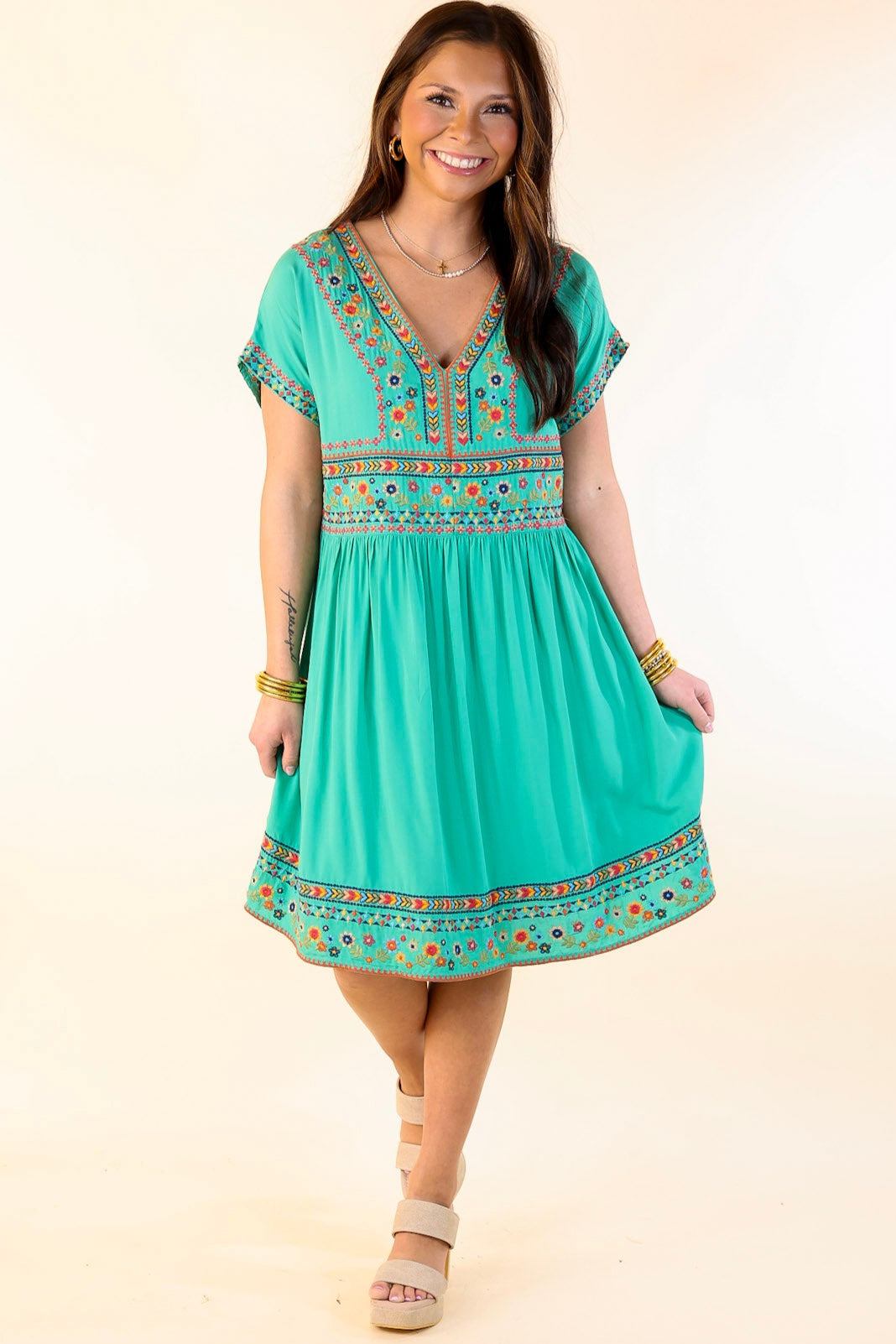 Passing Through V Neck Embroidered Dress with Short Sleeves in Mint Green
