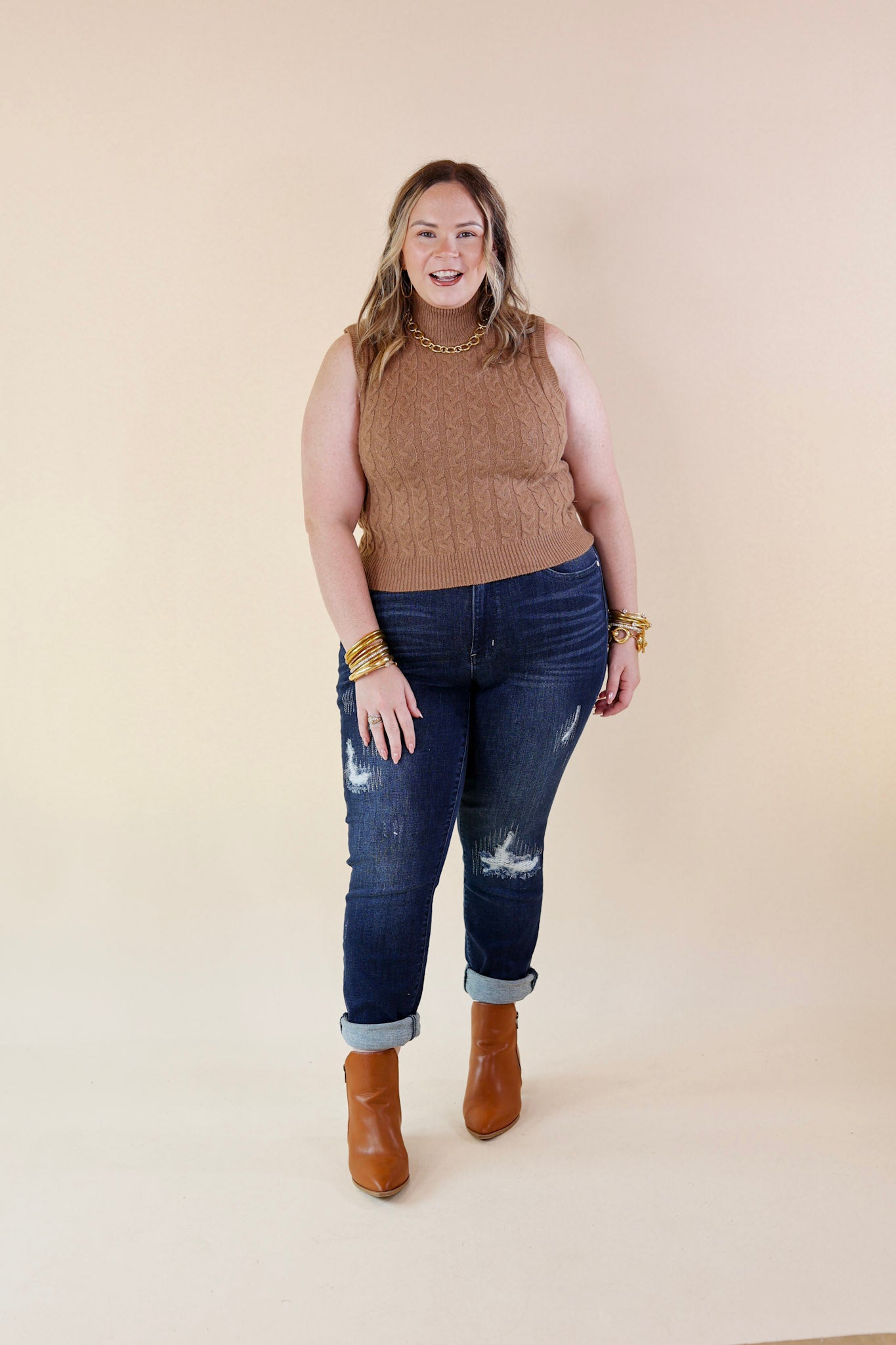 Cider Sips Cropped Sweater Tank Top with High Neck in Camel Brown - Giddy Up Glamour Boutique