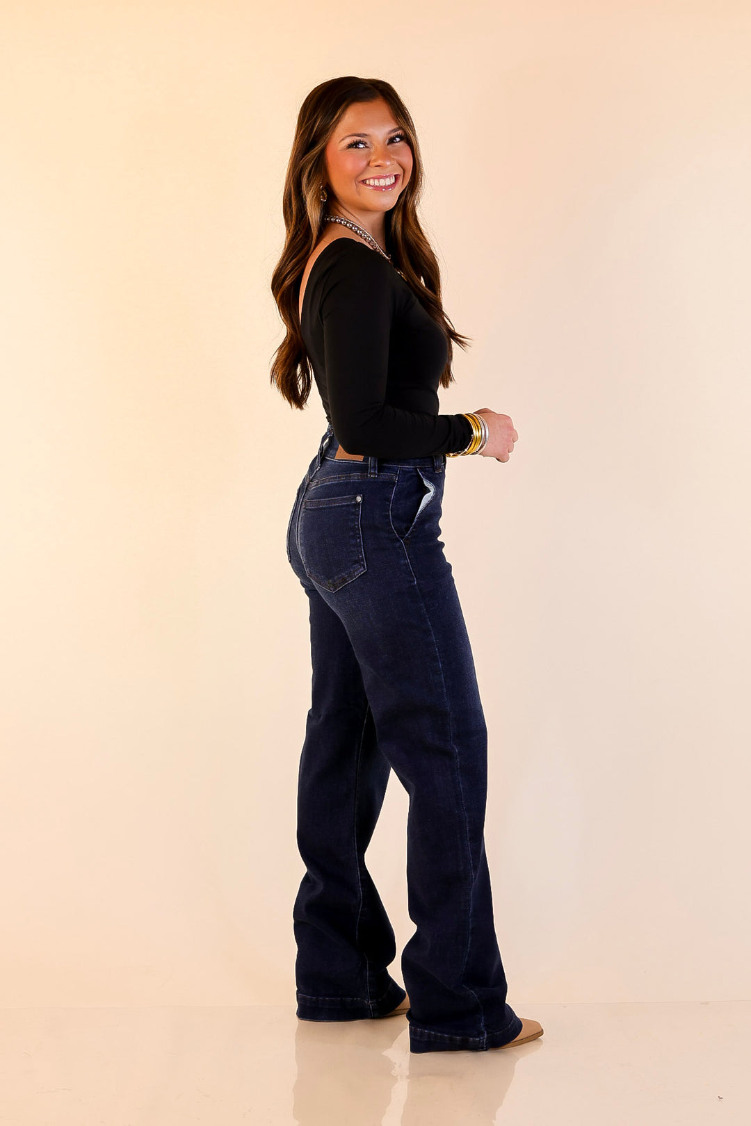 Judy Blue | Set the Standard Double Button Fly Wide Leg Trouser Jean in Dark Wash