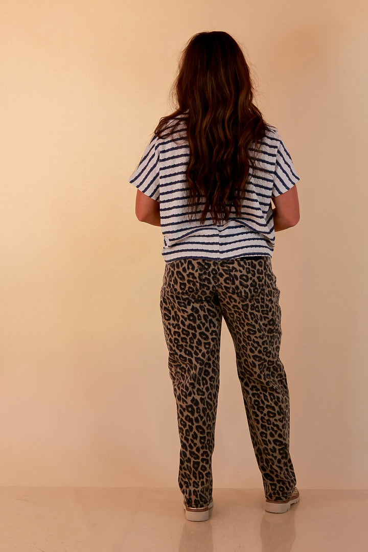 Simply Said Striped Drop Shoulder Collared Cropped Top in Ivory with Denim Blue Stripes