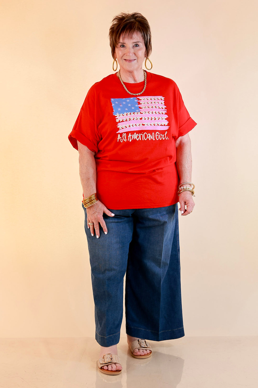 All American Darling USA Floral Flag Coquette Short Sleeve Graphic Tee with Bow Detailing in Red