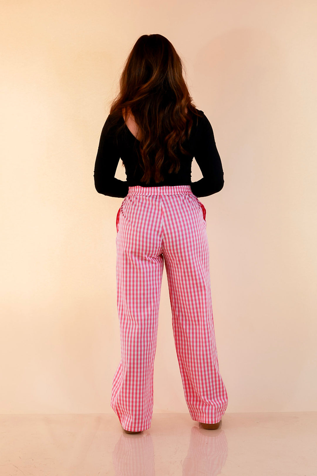 Lulu Mac | Casual Agenda Gingham Print Boxer Pants with Elastic Waistband in Pink