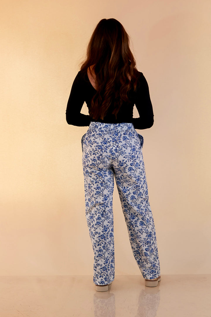 Lulu Mac | Casual Agenda Floral Toile Print Boxer Pants with Elastic Waistband in Blue