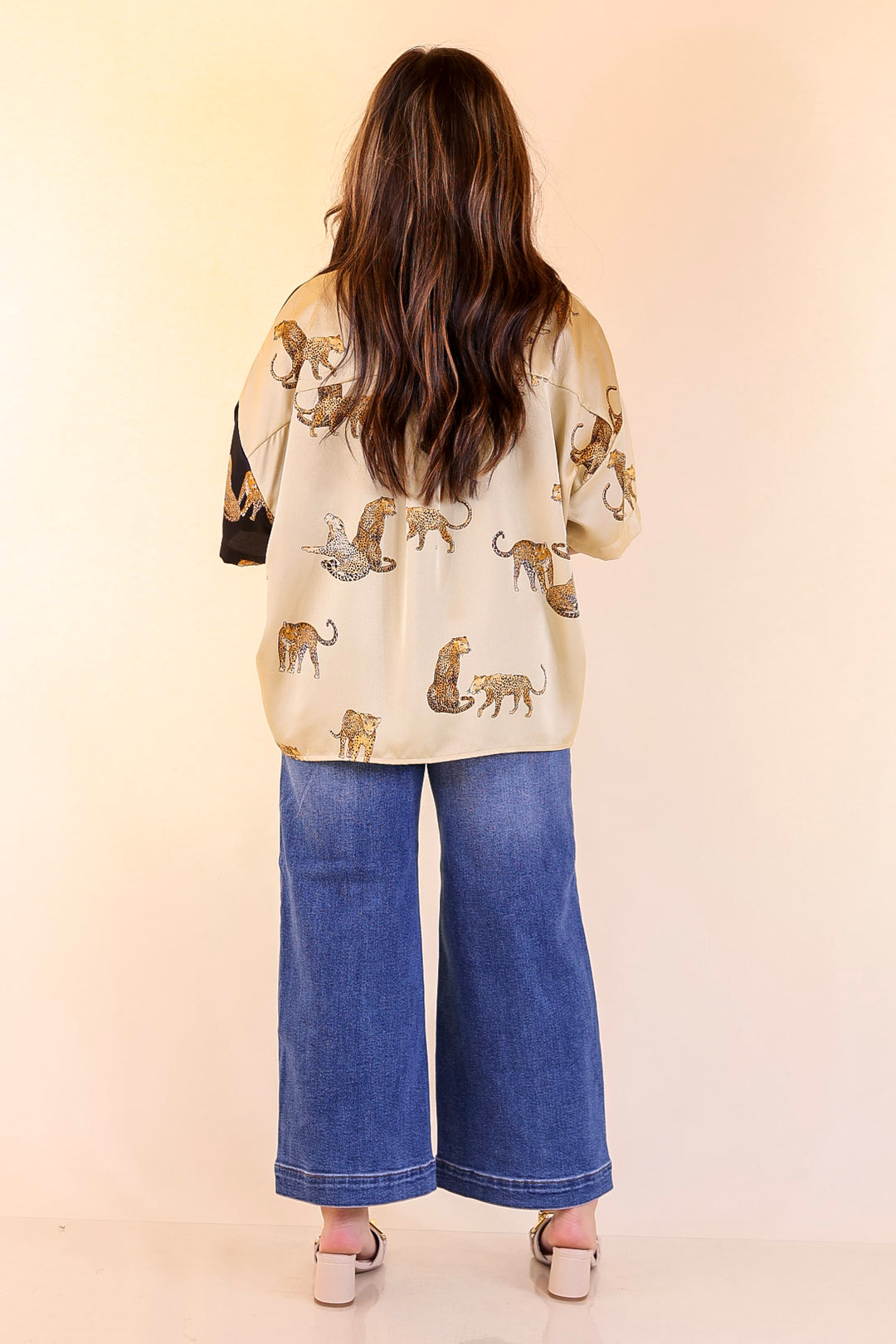 All Eyes On Me Button Up Cheetah Print Blouse Top in Black and Gold