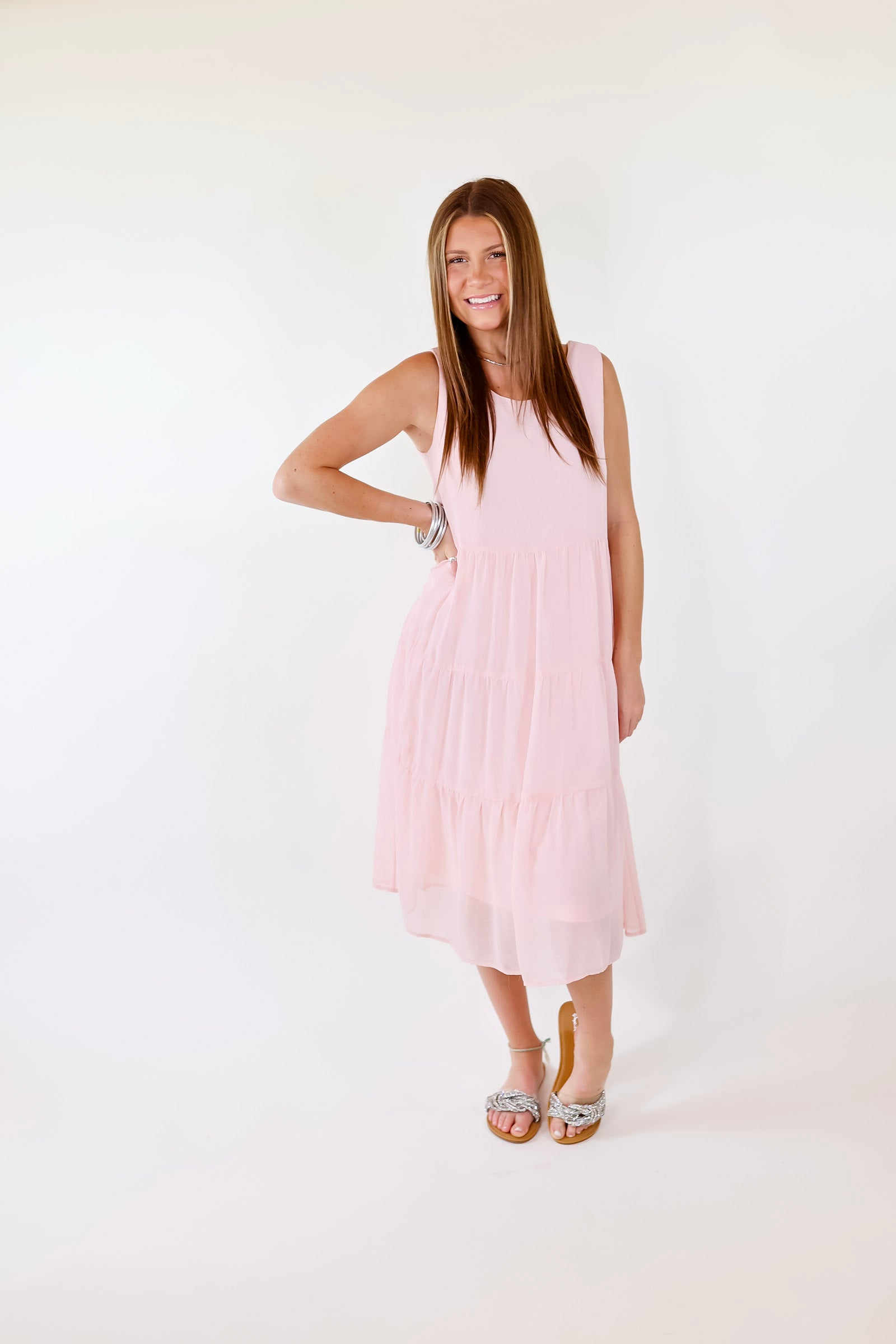 Mark My Words Tiered Tank Midi Dress in Blush Pink - Giddy Up Glamour Boutique