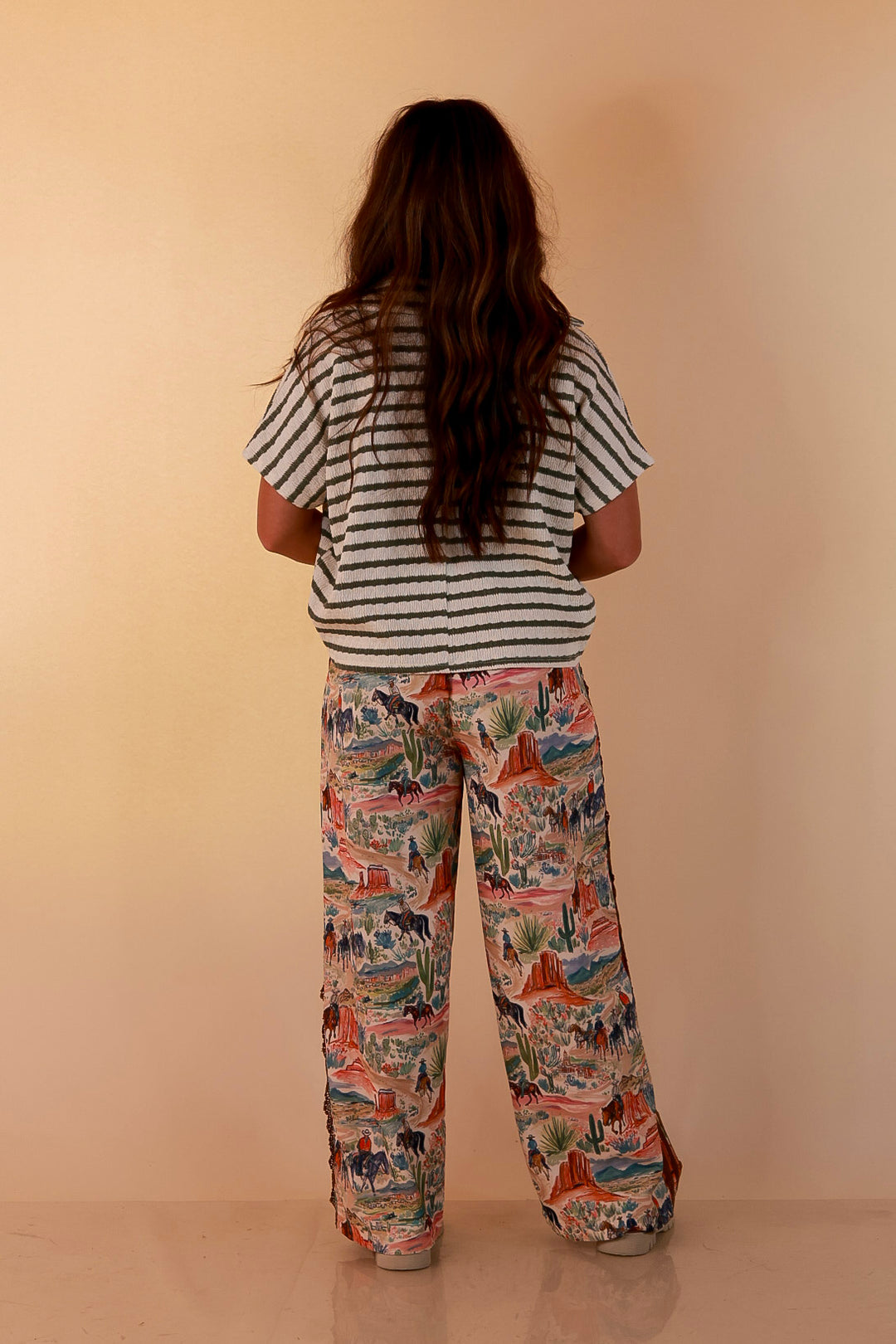 Adventure Awaits Western Scenic Print Wide Leg Drawstring Pants with Elastic Waistband in Brown, Blue and Clay