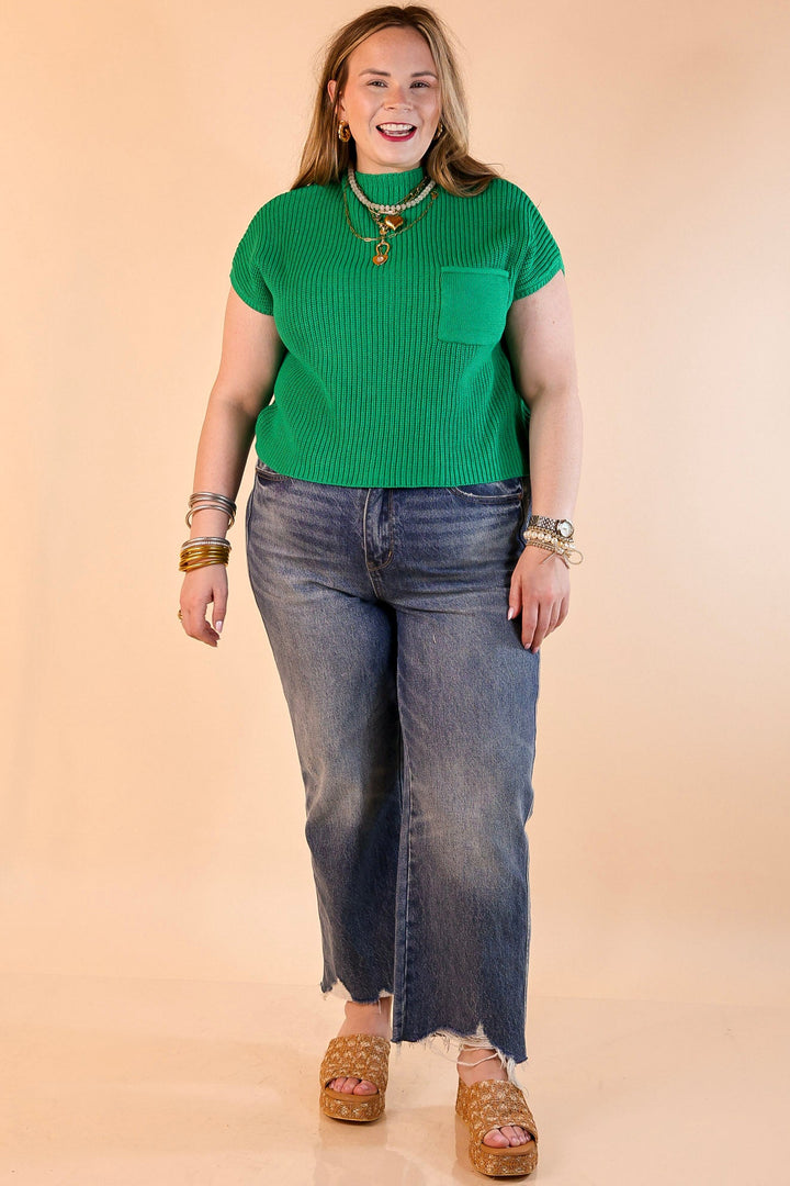 Repeat Worthy Cap Sleeve Cropped Sweater with Front Pocket in Kelly Green