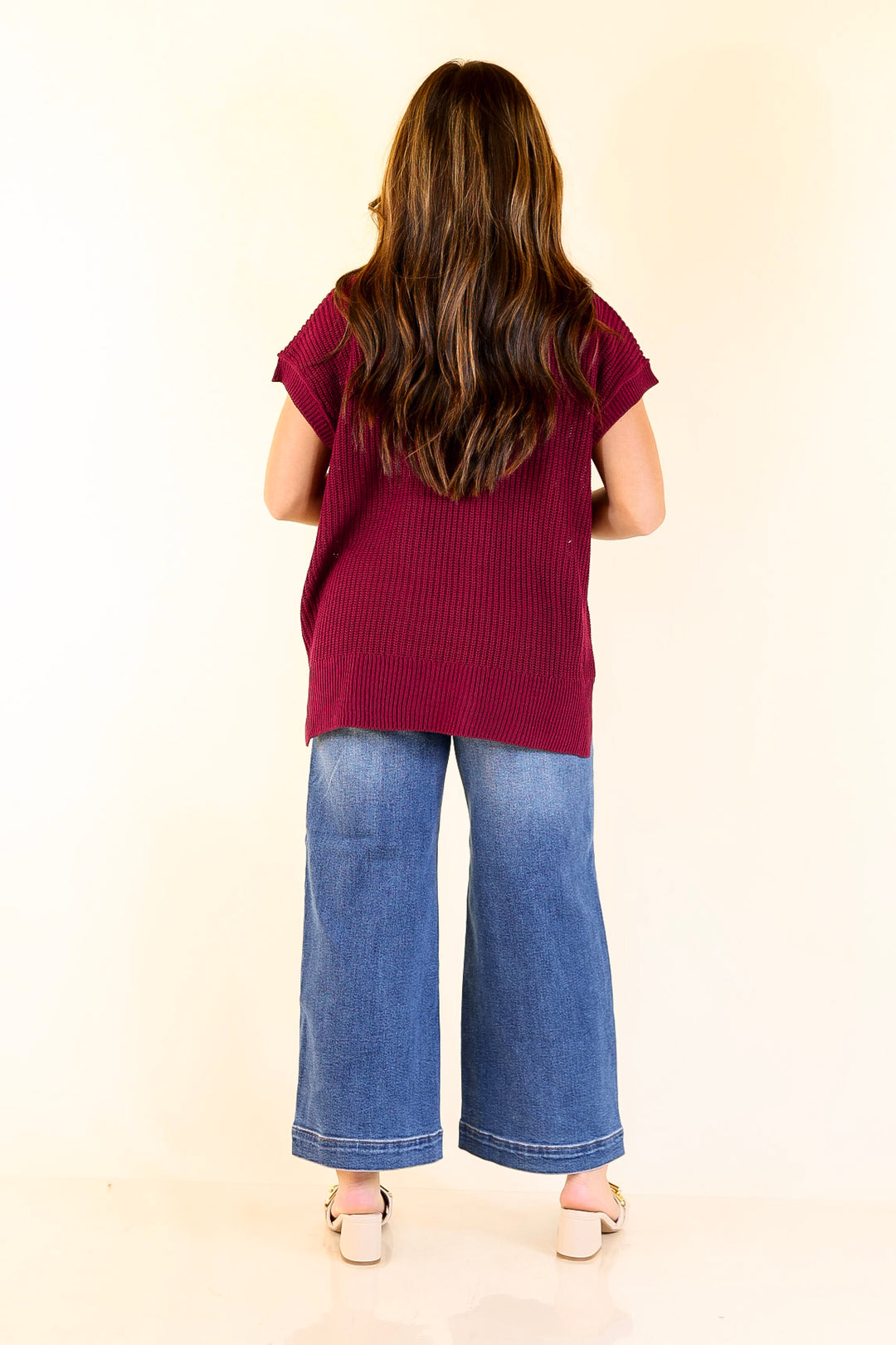 Style Refresh Drop Shoulder Short Sleeve Knit Sweater Top in Maroon