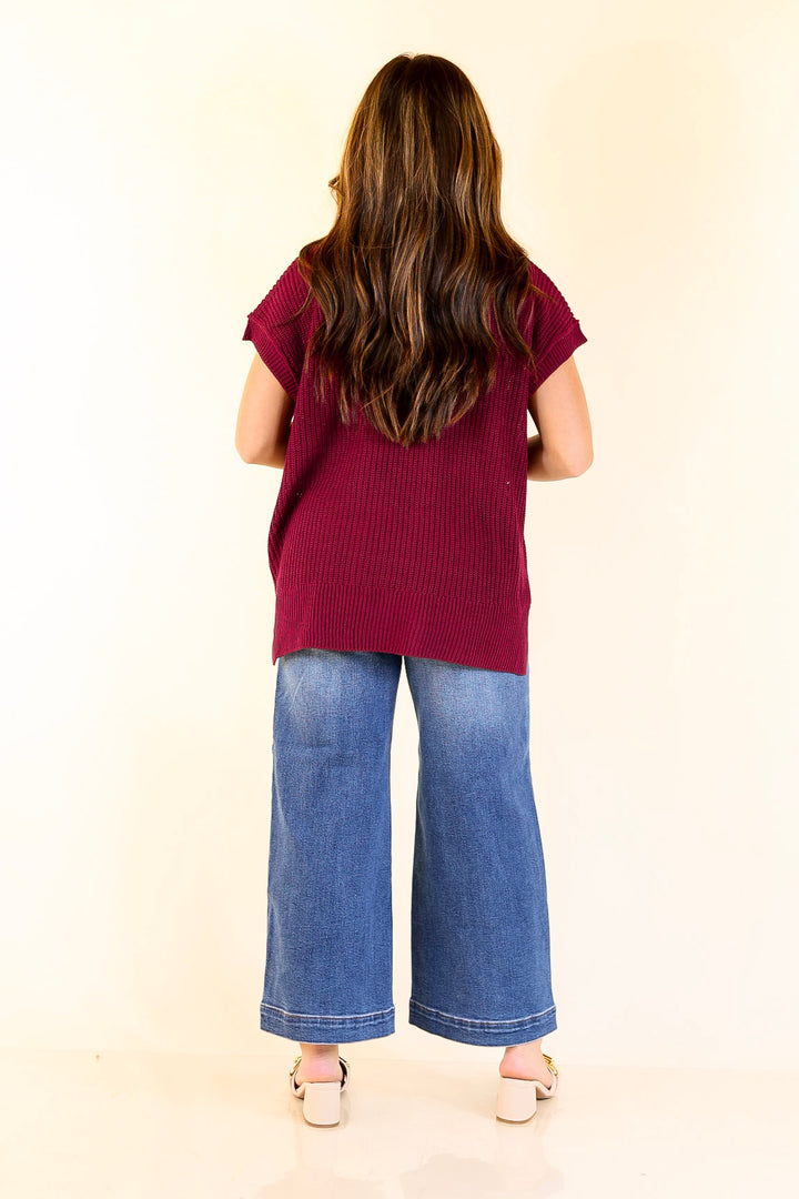 Style Refresh Drop Shoulder Short Sleeve Knit Sweater Top in Maroon
