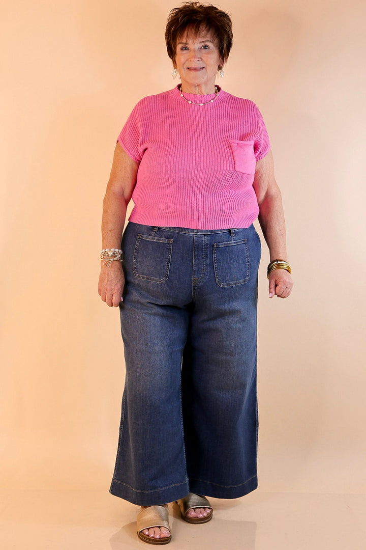 Repeat Worthy Cap Sleeve Cropped Sweater with Front Pocket in Candy Pink