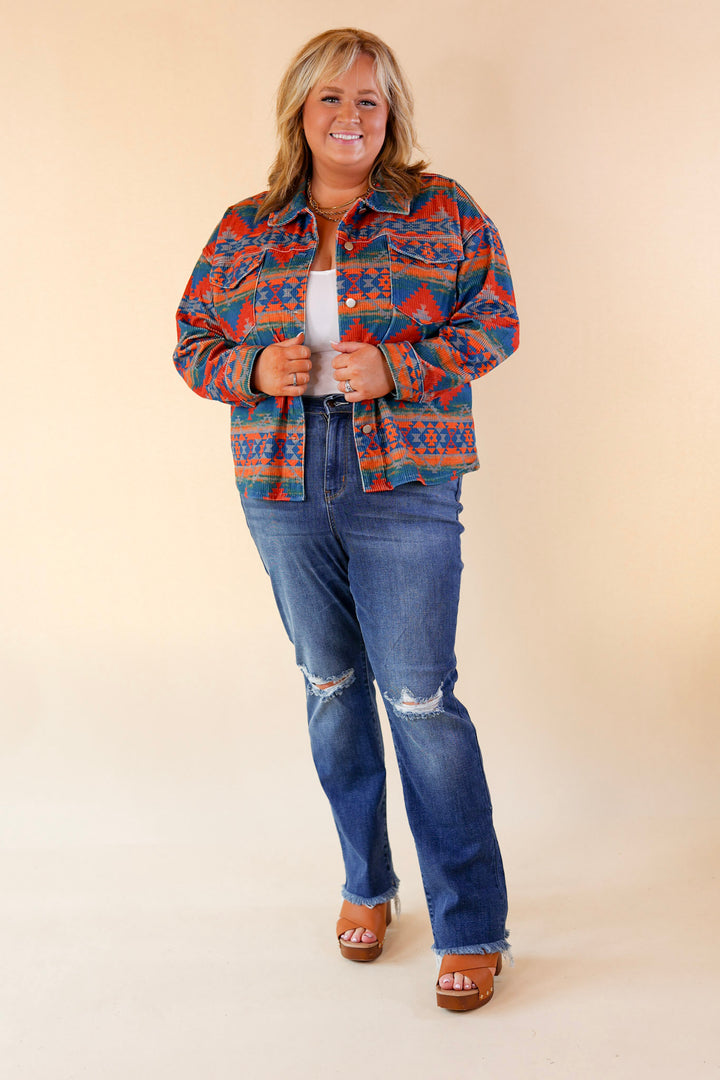Edgy and Chic Button Up Corduroy Aztec Print Jacket in Red and Blue - Giddy Up Glamour Boutique
