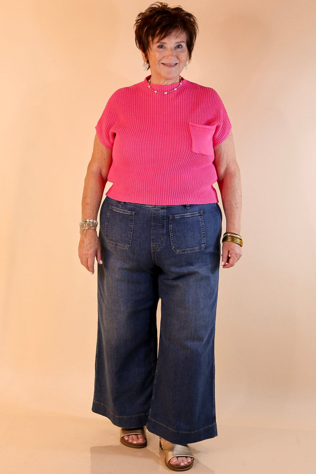 Repeat Worthy Cap Sleeve Cropped Sweater with Front Pocket in Fuchsia Pink