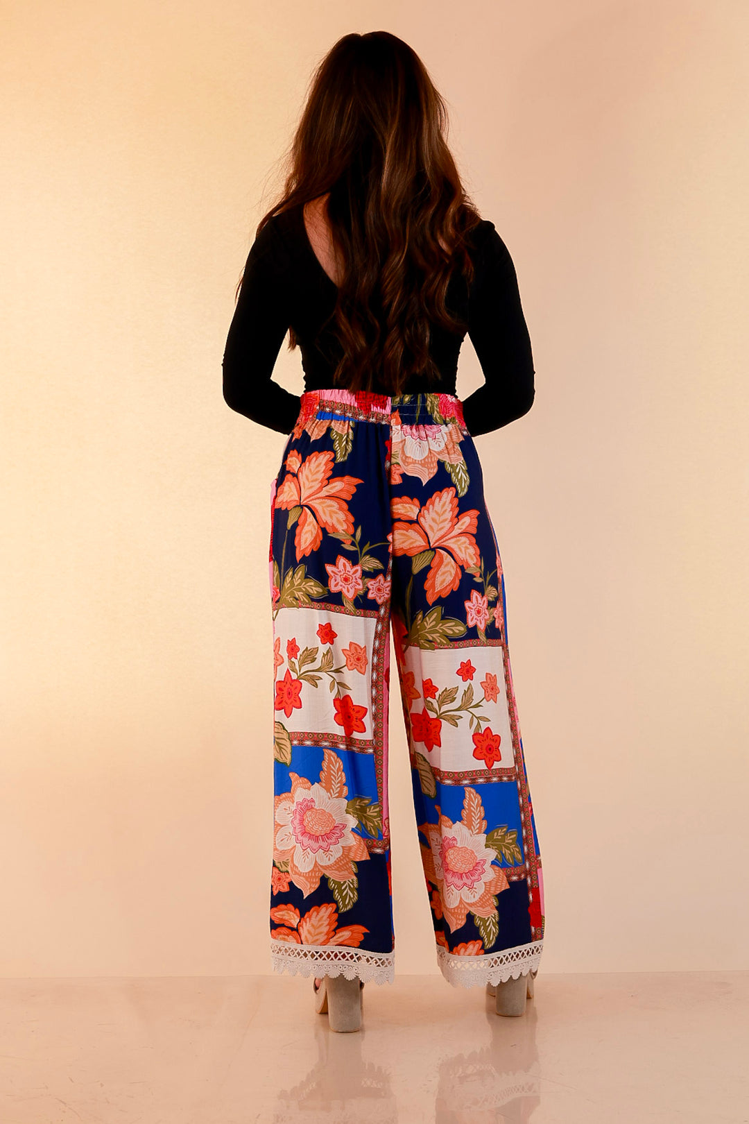 Patchwork Flair Floral Patchwork Print Wide Leg Pants with Lace Trim in Blue Mix