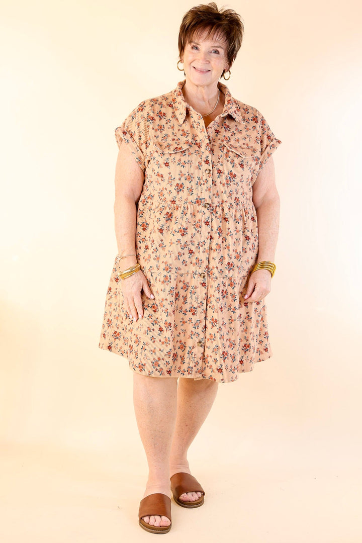 Latest Obsession Button Up Floral Corduroy Dress in Tan