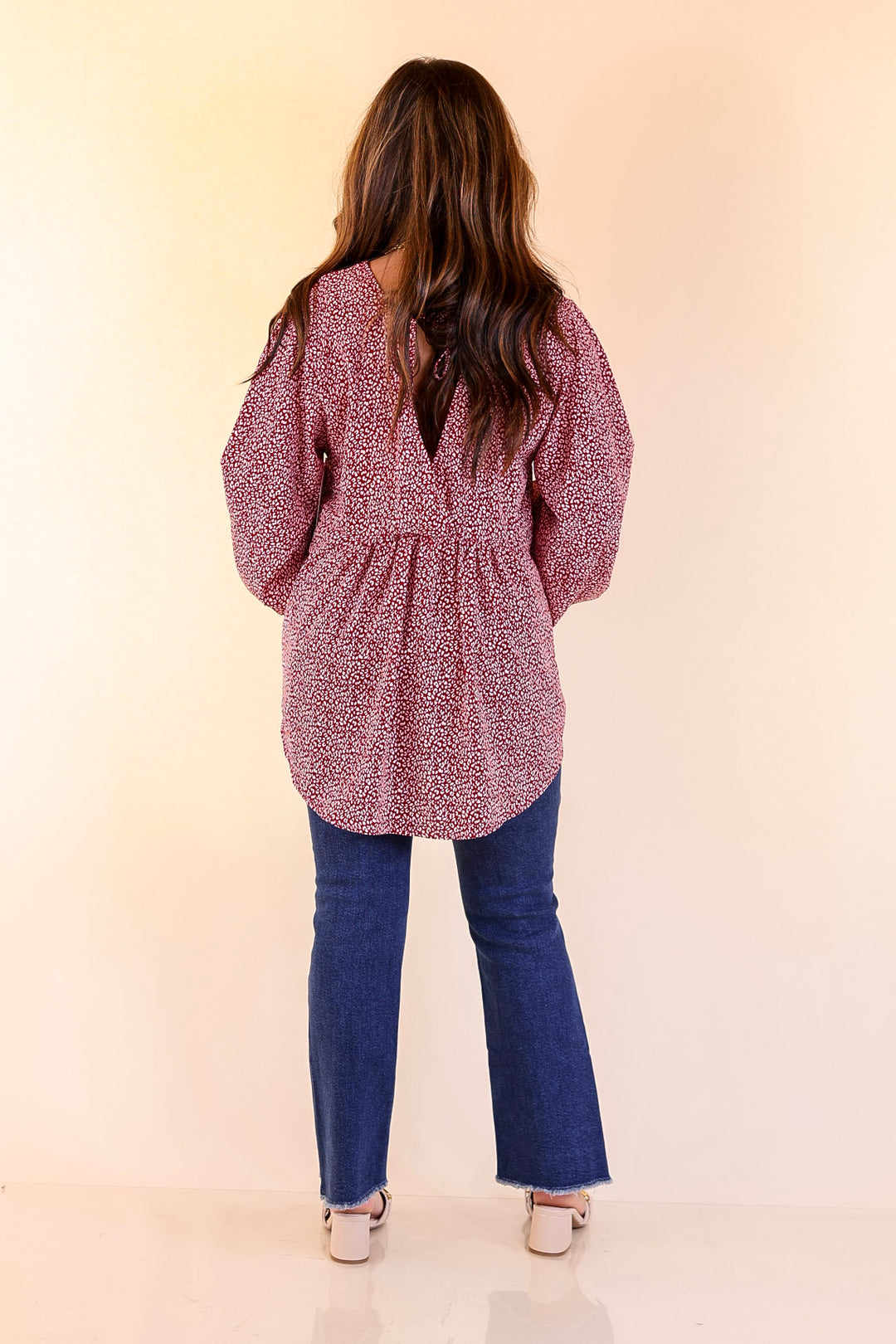 Really Dreamy Small Leopard Print Babydoll Top with Long Sleeves in Burgundy Red