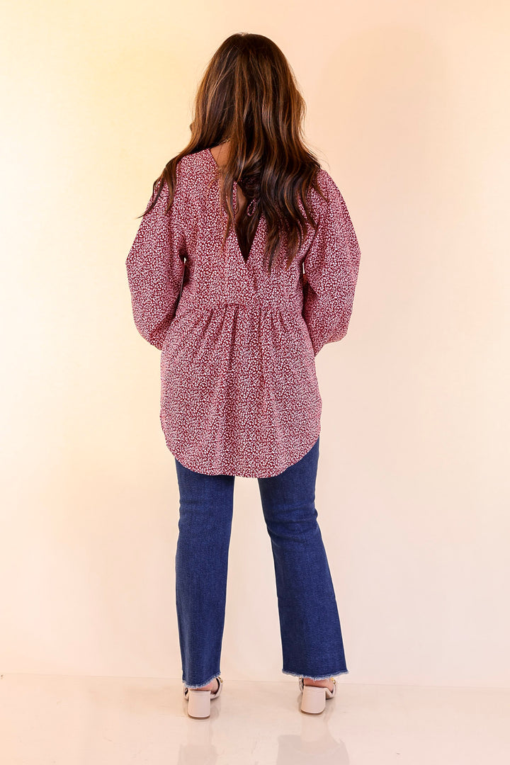 Really Dreamy Small Leopard Print Babydoll Top with Long Sleeves in Burgundy Red