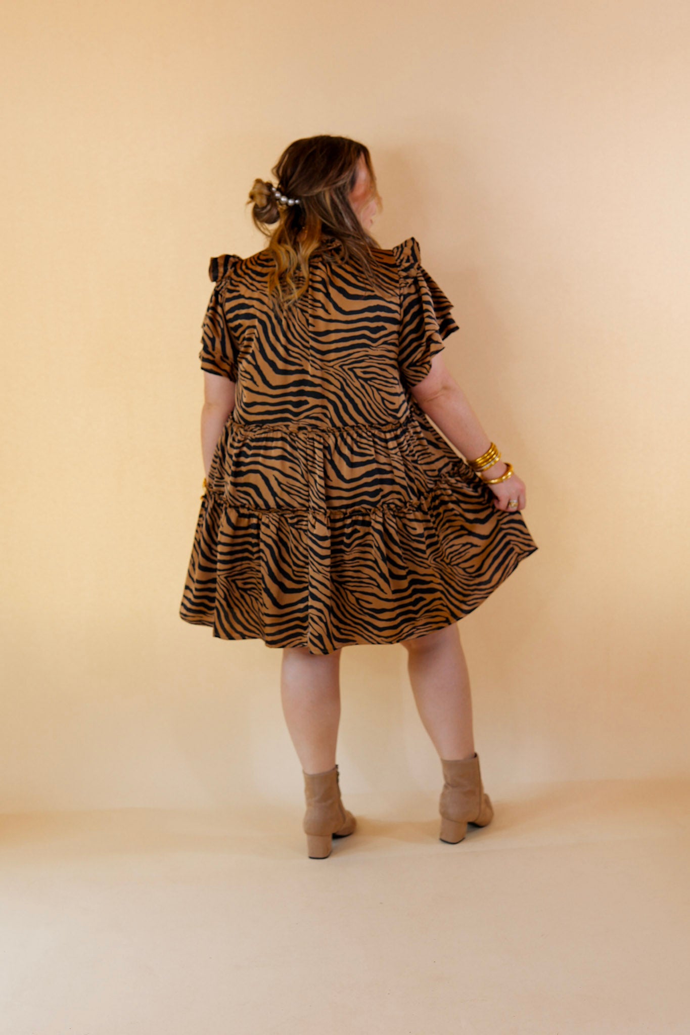 If You Dare Zebra Print Tiered Dress in Mocha Brown - Giddy Up Glamour Boutique
